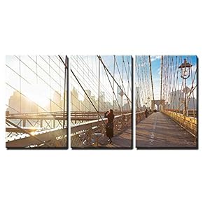 3 Piece Canvas Wall Art - Woman Taking a Photo from Brooklyn Bridge. New York City Manhattan Downtown Skyline - Modern Home Art Stretched and Framed Ready to Hang - 16"x24"x3 Panels