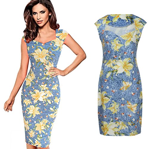 Misaky Lady Dress, Floral Pattern Business Casual Work Party Pencil Dress (S, B_Yellow)