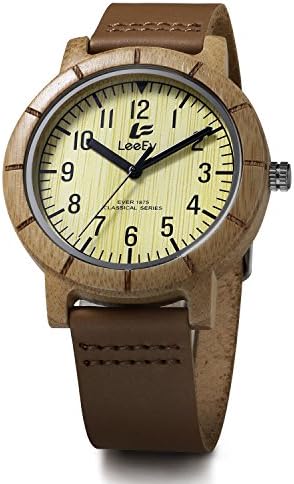 LeeEv EV1875 Mens Handmade Cow Hide Genuine Leather Strap Natural Bamboo and Sandalwood Quartz Wood Watch (Bamboo)