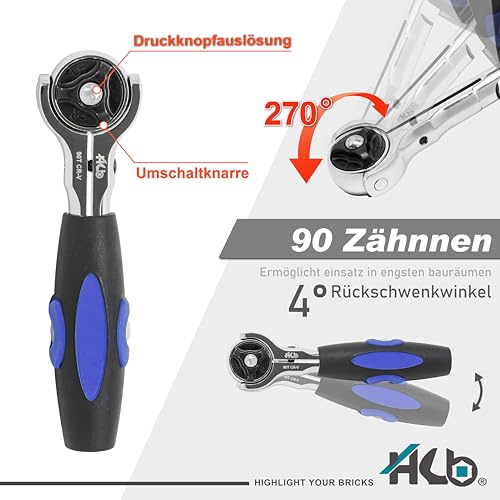 HB AKM025-G Swivel Head Ratchet Set 90 Teeth 49 Pieces 1/4" CR-V & S2 | Professional Safety Sockets and Bits Mechanical Automotive Workshop DIY | Portable Case – Made in Taiwan