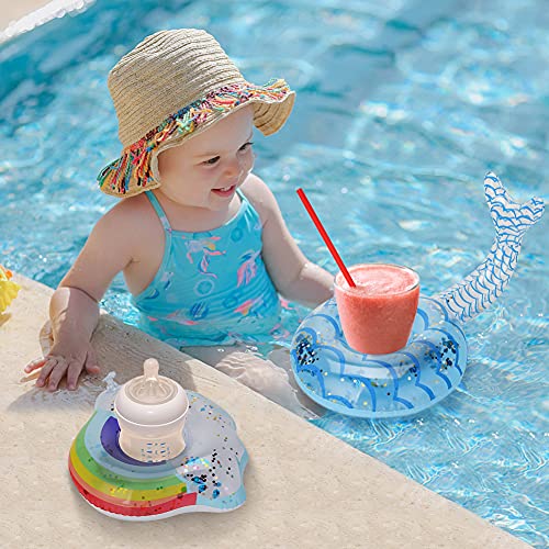 MCPINKY Inflatable Drink Holder, Sparkling Confetti Drink Pool Floats Mermaid Cup Holder Floats Inflatable Rainbow Floating Coasters for Kids Water Fun Toys Bath Toys Shower(6 Pack)