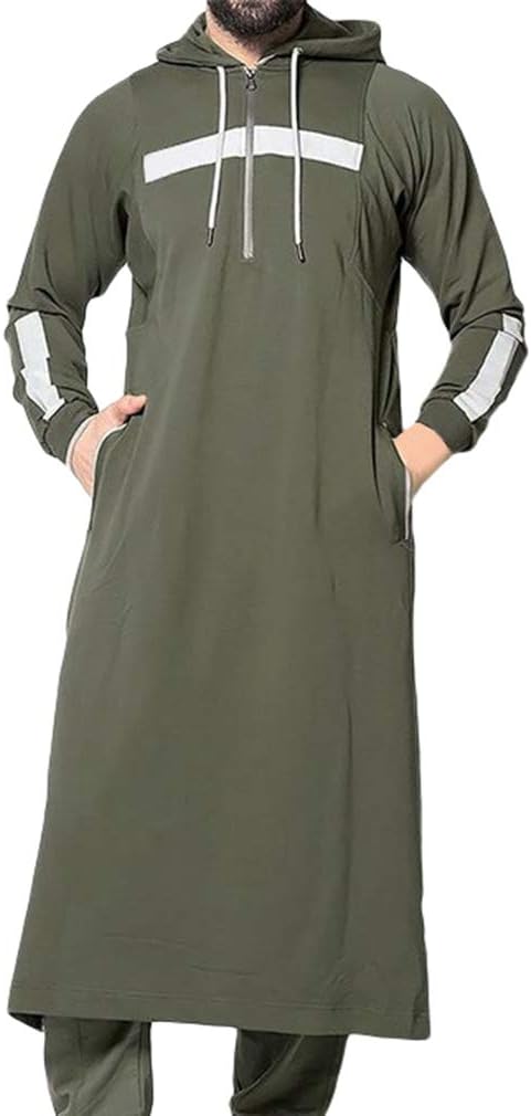 Yunhou Men Printed Pullover Middle East Muslim Kaftan Hooded Pullover with Drawstring Vintage Knee Length Outerwear with Kangaroo Pockets