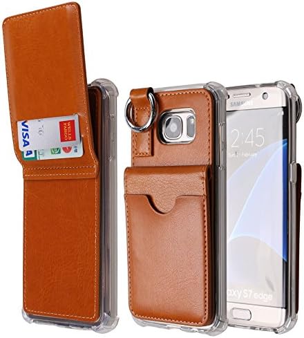 Galaxy S7 Edge Wallet Case,[Pocket Ring Bumper] Credit Card Case [Kick Stand] Protective Hybrid Case [Key Ring Holder] with 3 Cards Slot Wallet for Galaxy S7 Edge (Brown)