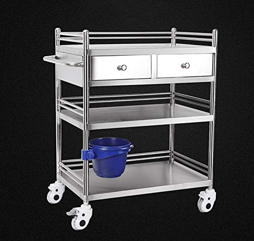 Medical Stainless Steel Beauty Trolley,Tool Cart Treatment Car with Drawe 3 Shelves 304 Thicken Multifunction Brake Pulley