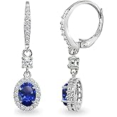 Sterling Silver Genuine or Synthetic Gemstone 7x5mm Oval-Cut Halo Dangle Leverback Earrings