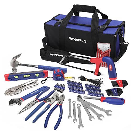 Universal Werkzeugset Haushalt 156-teilig inkl. Werkzeugtasche mit weiter Öffnung für Home Reparatur und Heimwerker, mit Zange Schlüssel Bits Wasserwaage Messer Maßband Hammer usw.