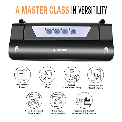 Vacuum Sealer, AUKUYEE Automatic 4-in-1 vacuum Sealer Machine with Cutter, Vacuum Sealing System for Food Preservation & Storage, Dry & Wet Food Modes, LED Indicator Lights, BPA-free Starter Bag Roll