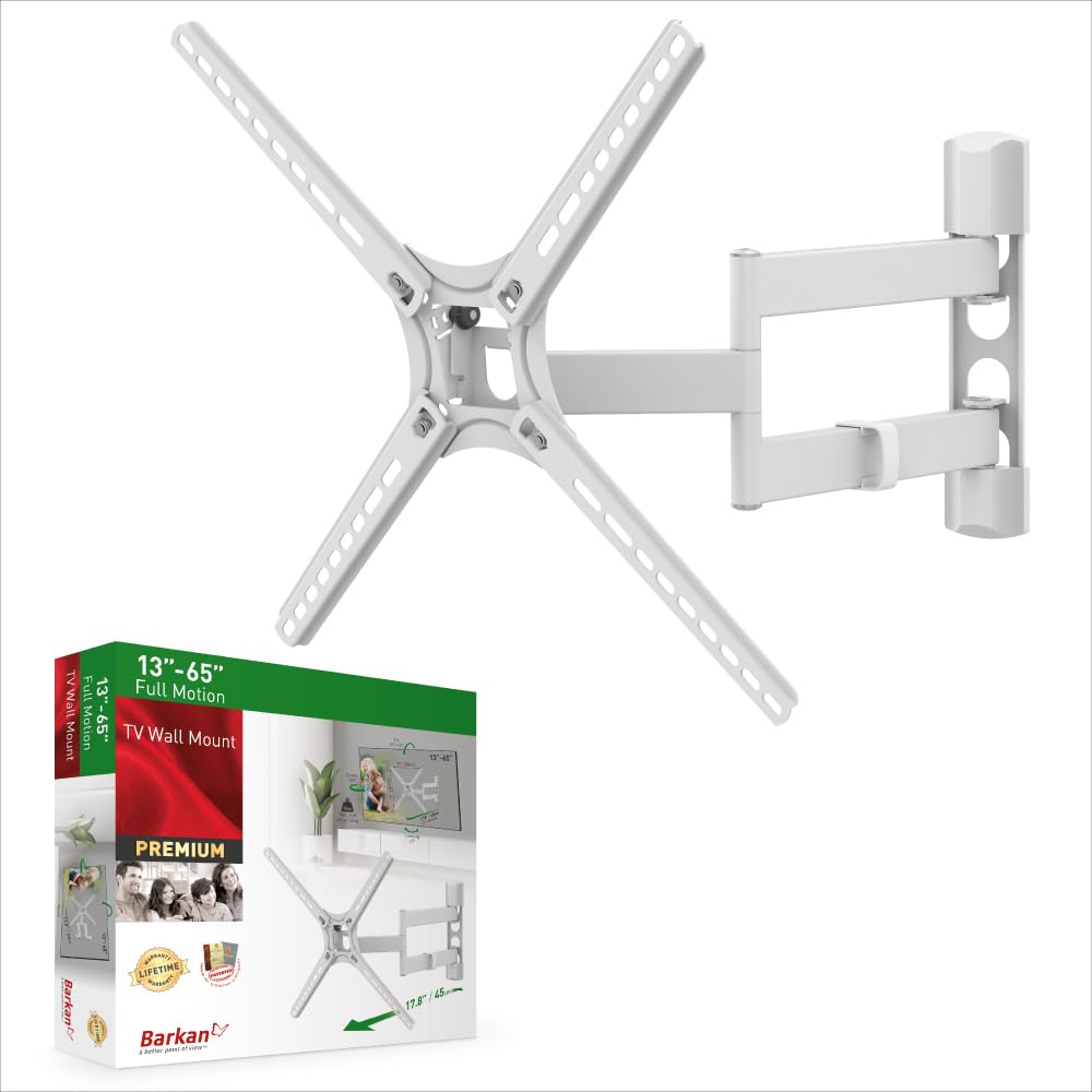 Barkan White TV Wall Mount,13-65 inch Full Motion Articulating - 4 Movement Flat/Curved Screen Bracket, Holds up to 88 lbs, Patented, Lifetime Limited Warranty, UL Listed, Fits LED OLED LCD