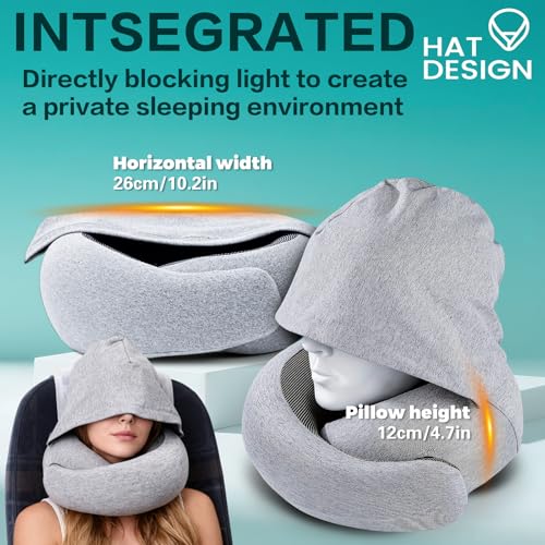 Aeroplane Neck Pillow, Travel Pillow, Adjustable Travel Pillow, Memory Foam with Hood, Supports Head, Neck, Neck Pillow, Adult with Sleeping Mask, Earplugs, Carry Bag for Plane, Car, Train