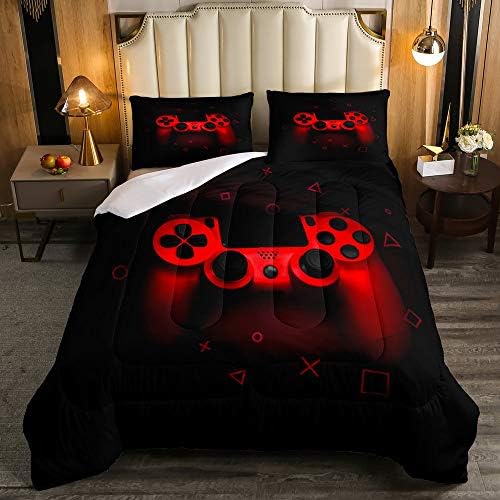 Boys Gamer Comforter Set Twin Dimension,Gamepad Bedding Set Children Younger Man Video Video games Down Comforter for Teen Youngster Sport Room Decor Black Crimson Basic Retro Gaming Quilted Quilt Set with Pillowcase