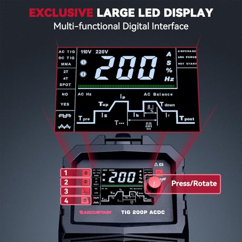 ARCCAPTAIN 7 in 1 TIG Welder AC/DC 200Amp with Pulse, 110V/220V Aluminum Welder Machine with Square/Triangular Wave/Spot TIG/Stick/MMA MultiProcess Welding Machine