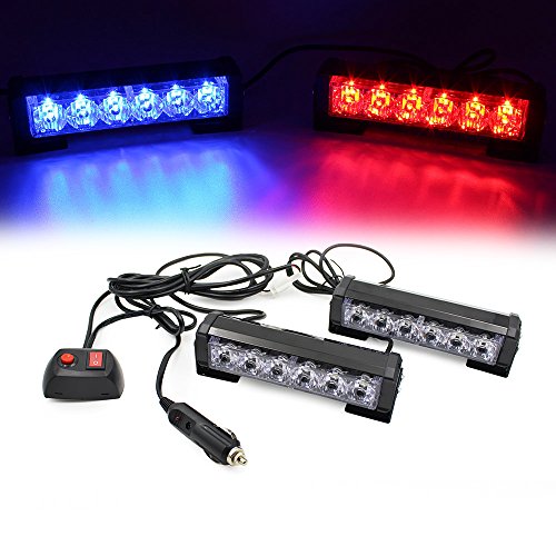 Ediors 2 X 6 LED 9 Modes Traffic Advisor Emergency Warning Vehicle Strobe Lights for Interior Roof / Dash / Windshield / Grille / Deck Universal Waterproof (Red & Blue)