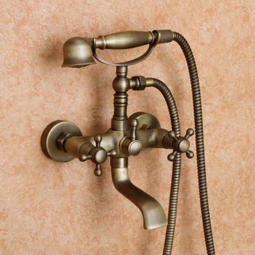 Lightinthebox Antique Inspired Solid Brass Bathroom Sink Faucet Bathtub Mixer Taps Roman Tub Faucets Two Holes Wall Mount Bath Faucets with Handheld Shower Head Phone Retro Vintage Cooper Shower System with Holder Arms Lavatory Plumbing Fixtures