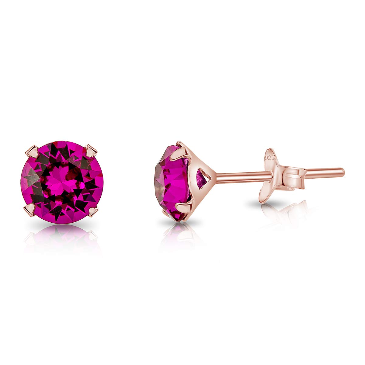 DTPSilver - 925 Sterling Silver Rose Gold Plated Round Stud Earrings made with Glittering Crystals from Swarovski® Elements - Diameter: 6 mm - Colour : Fuchsia