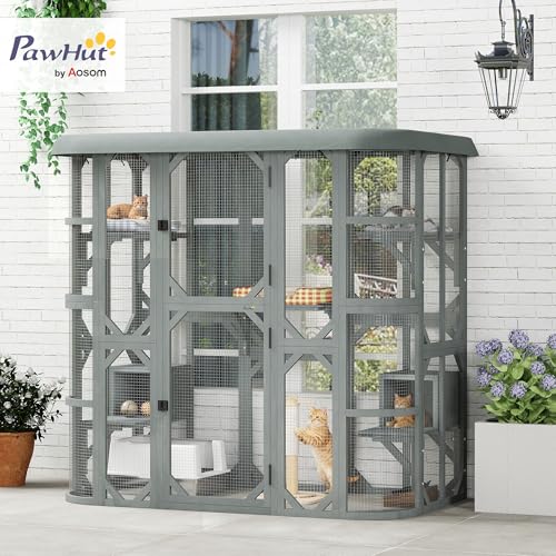 PawHut Catio Outdoor Cat Enclosure, 71" H Wooden Cat House with 5 Jumping Platforms, 2 Condos and Waterproof Cover, Walk-in Kitty Cage for 2–3 Kittens, Grey