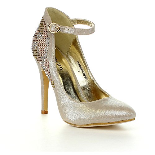 BELLAMARIE HELENA-3 Women Ankle Strap Pointy Toe Satin Pump Party Dress Heel, Color:CHAMPAGNE, Size:7