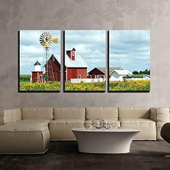 wall26 - 3 Piece Canvas Wall Art - Beautiful Scenery of Windmill, Barn, Sheds and Fence on a Cloudy Day - Modern Home Decor Stretched and Framed Ready to Hang - 16