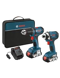 Bosch CLPK26-181 Kit combinado de 18 voltios y 2 herramientas con taladro destornillador de 1 2 pulgada, impulsor de impacto de 1 4-pulgada, 2 baterías, cargador y bolsa para el contratista