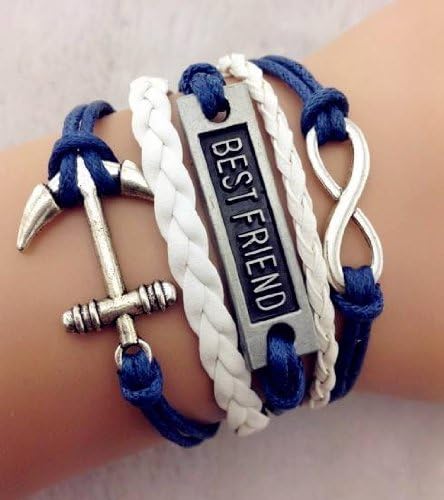 Vintage Style White and Blue Leather Rope Best Friend Letters Anchor Love Bracelet