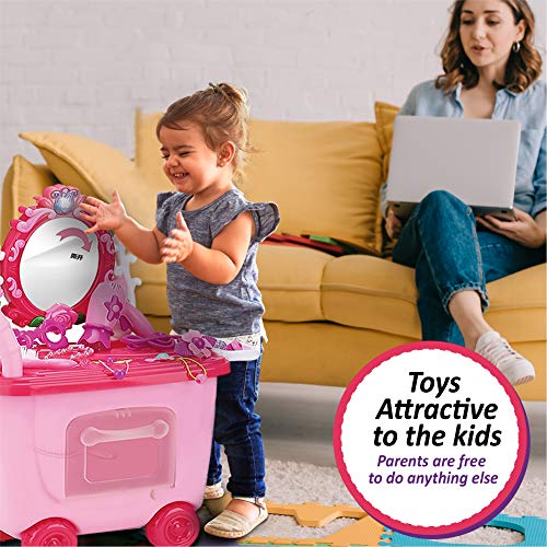 Buddynbuddies 3 in 1 Pretend Makeup & Salon Trolley, 21 PCS Pretend Dress-up Kit for Little Princess Toddler Girl, Glamour Girl Pretend Play Makeup Set for Children 3 Years Old and Up