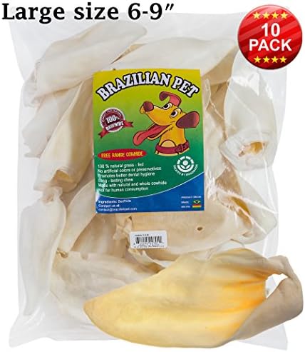 100% Natural large size 6 -9 inches Cow Ear Prime Thick-cut, 10 Pack, Dog Chews by Brazilian Pet, Free Range Grass Fed Cattle, No additives, Chemicals or Hormones