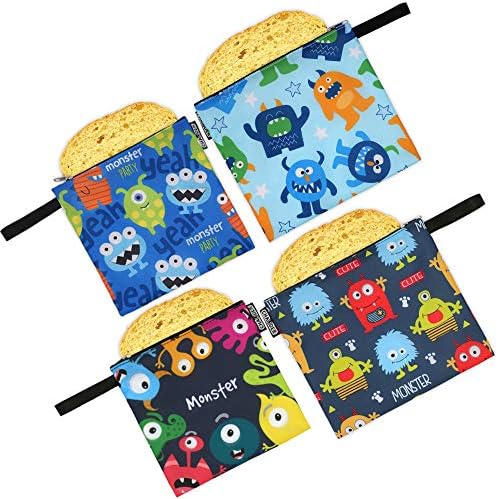 CHAUDER Reusable Snack & Sandwich Bags - Set of 4 – Eco Friendly, FDA Certified, Dishwasher Safe, Easy to Clean & Quick Drying - Smooth Open Zipper - For Kids To School (Monsters)