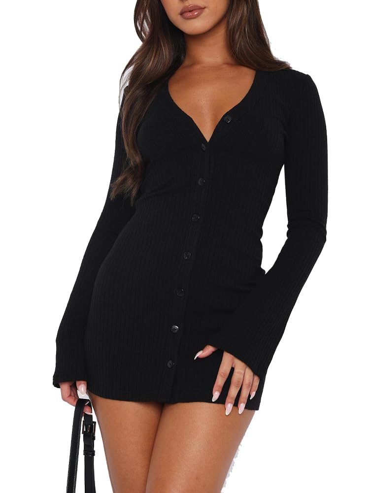 Photo 1 of Bodycon Dresses for Women Fall Trendy Long Sleeve Dresses Casual Mini Short Dress Winter Sexy Night Out Button Down Dress 2025 Black,XL