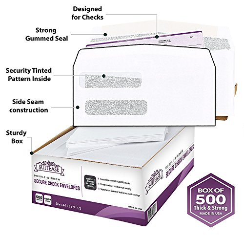 500 Envelopes for Busines Checks, Double Window For Addresses, Inner Pattern for Security Mailing ~Quickbooks Checks Fits Perfect~ Computer Printed Checks Envelope, Gummed Seal -Box of 500-