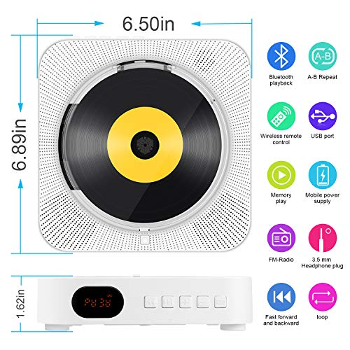 Portable CD/DVD Player with Bluetooth, Wall Mountable CD DVD Player HDMI Built-in HiFi Speakers with Remote for TV, Music Player Support FM Radio USB SD Card AV Jack 3.5mm Headphone Jack - Thumbnail 3