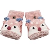 Kids Toddlers Cute Reindeer Fleece Lined Gloves Convertible Flip Top Fingerless Mittens for Boys Girls