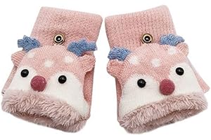 ZGMYC Kids Toddlers Cute Reindeer Fleece Lined Gloves Convertible Flip Top Fingerless Mittens for Boys Girls