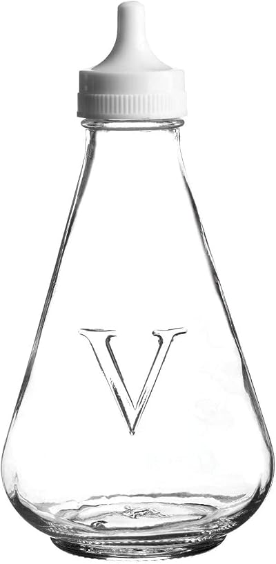 Glass Vinegar Pot Bottle with Screw Top Lid Embossed V Vintage Style Kitchen