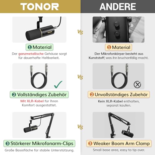 TONOR Dynamisches Microphone mit XLR/USB Kabel, Mikro PC mit Mute Button, Vocal Mic Gesangsmikrofon für Podcast, Streaming, Gaming, Studio und Aufnahme, mit Hight Profile Mikrofonarm, Schwarz, TD510+ 9