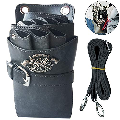 WINGOFFLY Hair Scissor Holster Pouch with Waist Shoulder Belt for Hairdressers Barber PU Leather Shears Hairdressing Tool Case Bag Holder Grey