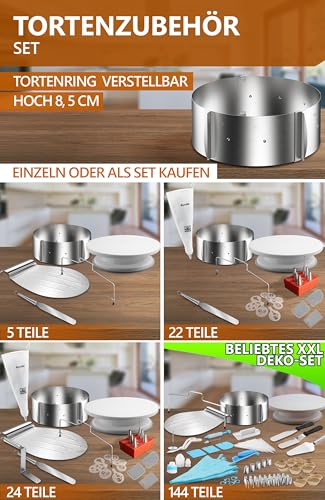 4smile Adjustable Cake Ring - Stainless Steel, 8.5 cm High - Made in Germany Cake Ring, Clips for Fixing - Heavy Duty Spring Shaped Replacement Ideal for Cake Creations, 16 to 30 cm, Matt Silver