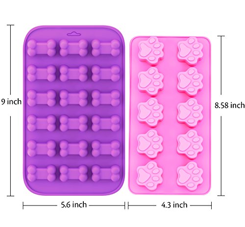 Korlon 3 Pack Silicone Molds for Dog Treats, Dog Paw and Bone Trays for Baking Biscuit, Chocolate, Candy, Set of 3 (Pink & Purple)