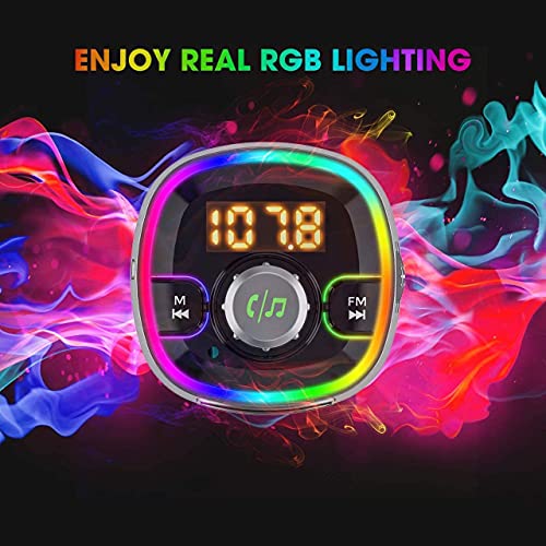 Bluetooth FM Transmitter for Car, Dynamic RGB Wireless Bluetooth Adapter Car Kit with V5.0, QC3.0 and Dual USB Charging Ports, Support Siri Google Assistant, Micro SD Card, Hands-Free Calling