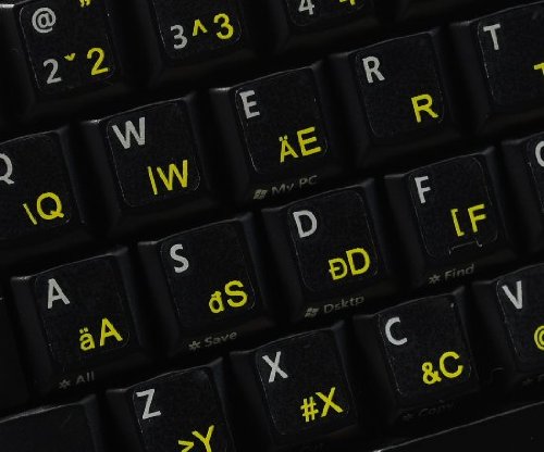 HUNGARIAN KEYBOARD STICKERS WITH YELLOW LETTERING TRANSPARENT BACKGROUND