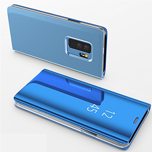 Galaxy S9 Plus Case,WATACHE Auto Sleep/Wake Up Translucent View Window Mirror Screen Electroplate Plating PC Stand Full Body Slim Protective Flip Folio Case For Samsung Galaxy S9 Plus(Blue)