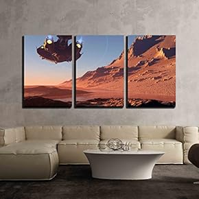 3 Piece Canvas Wall Art - Spaceship on The Background of The Planet. - Modern Home Art Stretched and Framed Ready to Hang - 16"x24"x3 Panels