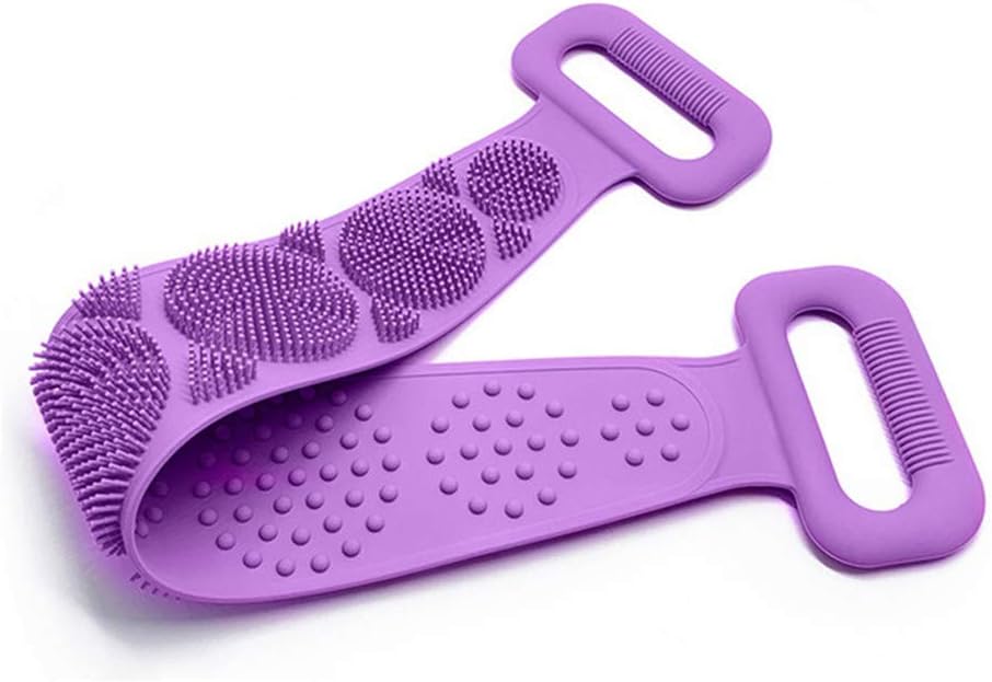 Silicone Bath Brush Body Washer Back Scrubber Belt Double-Sided Shower Exfoliating Long Bath Massage Towel for Men Women SPA Massage Skin Care Cleansing Lathers Well (Purple)