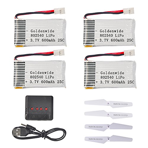 RRecomfit 4pcs 3.7V 600mAh Li-po Battery, Main Blades Propellers Spare Part and 4 Ports Battery Charger for Syma X5C X5C-1 X5 X5SW X5SC X15 X15W