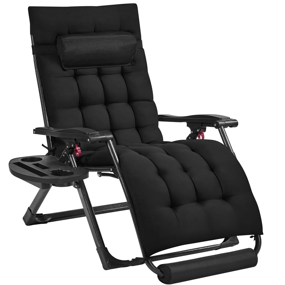 Yaheetech 29" Zero Gravity Chair Folding Reclining Lounge Recliner with Removable Pad & Headrest & Side Cup Holder Tray for Indoor and Outdoor Black/1 Image