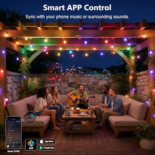 Outdoor String Lights 150FT, RGB+IC Outside Light Dimmable Shatterproof LED Bulbs, IP67 Waterproof Chasing Effect Lighting DreamColor Patio Strip Lights for Backyard, Balcony Outdoor Living
