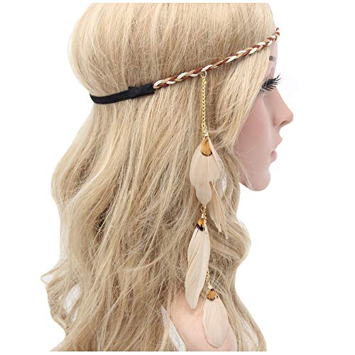 Feather Headband Hippie Indian Boho Hair Bands Tassel Bohemian Halloween Hair Hoop Women Girls Crown Hairband Party Decoration Headdress Cosplay Costume Headwear Headpiece Hair Accessories Khaki