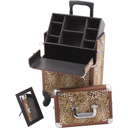Hiker HK6501 4-Wheel 2-in-1 Rolling Makeup Case with Easy-Slide and Extendable Trays, Includes Removable Tray and Extra Lid, 31-Inch, Leopard Texture