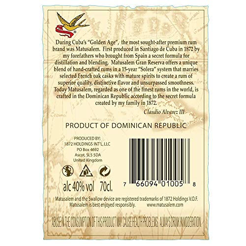 Matusalem Gran Reserva 15 Jahre Rum mit 40% vol. | Rum aus der dominikanischen Republik | 15 Jahre im spanischen Solera-Verfahren gereift (1 x 0,7l) – Bild 5