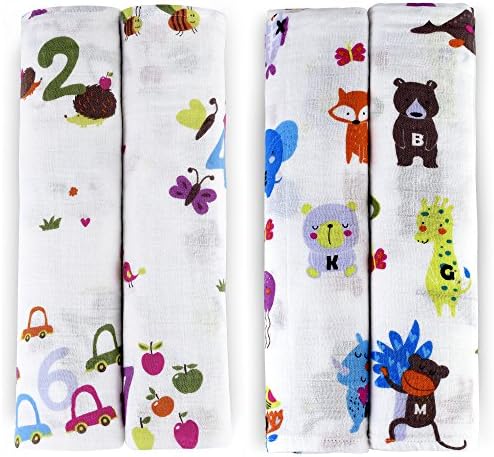 Cotton Muslin Swaddle Blanket - Little Dreamers - Smart Cloud - X Large - Alphabet, Numbers, Animals and Colors (2 Pack)