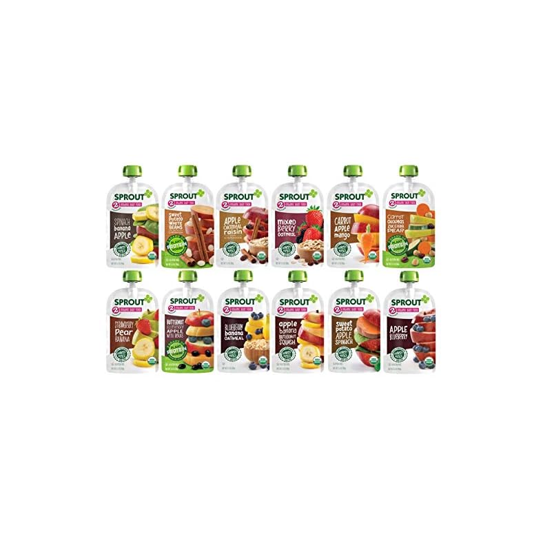 Sprout Organic Baby Food, Stage 2 Pouches, 12 Flavor Fruit Veggie & Grain Variety Sampler, 3.5 Oz (Pack of 12)