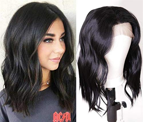 Lace Front Wigs Short Beach Wavy Bob Synthetic Wigs Natural Black Color Half Hand Tied Heat Resistant Natural Looking Soft Fiber Hair Wig With Baby Hair For Women 16Inch